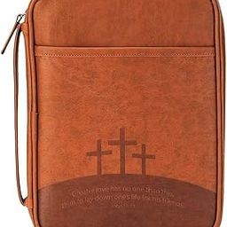 Three Crosses Brown Leather Like Vinyl Bible Cover Case with Handle, Large-image-29
