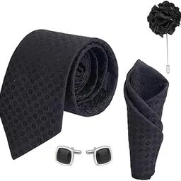 calixto Black Check Dotted design micro print fine Necktie Gift Set With Pocket Square, 2 pcs Cufflinks & Lapel Pin Formal Tie With (Leatherite Gift Box) (Pack of 4 pcs) (Dark Black)-picture-33