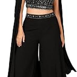 Varni Fabrics Women's Georgette Palazzo Set with Sequence Embroidery, Crop Top with Cape-image-11