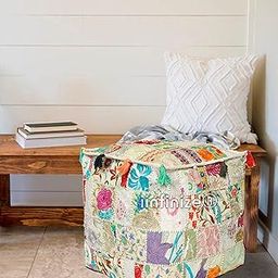 Square Patchwork Embroidery Pouf Rajasthani Khambadia Floor Cushion Cover Foot Rest Arm Chair Pouffe Bohemian Bean Bag Mudda Garden Pouffe Hotel Seating Pouf Cover (16x16x16 Inch)-image-3