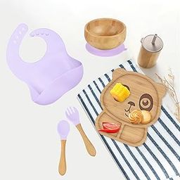 Kids Station 10 Piece Bamboo Feeding Set for Baby - Panda Plate, Spoon, Fork, 2 Suction Rings, Bowl, Baby Bib, Sipper with Straw and Cap - Baby-Led Weaning Supplies for Toddler Self-Feeding (Purple)-picture-22