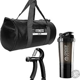Premium Gym Combo for Men Combo of Duffle Gym Bag with Shoe Compartment, Hand Gripper, Black 500ML Shaker Bottle, Gym kit for Men and Women Unisex (Black)-128