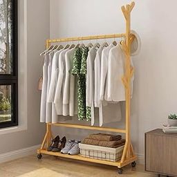 Lukzer Bamboo Coat Stand Rack Garment Hanger with Bottom Shelves & 8 Side Hooks Clothes Display Hanging Rail Household Storage Organizer Shelf (157x100x35cm)-3
