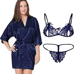 xs and os Women's Satin Robe and Lace Bra Panty Lingerie Set Combo-picture-41