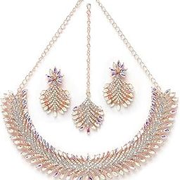 Graceful Rose Gold Plated Rainbow Collar Bone Necklace Set With Earring And Maangtika | Jewellery Set For Women (NS105639)-image-21