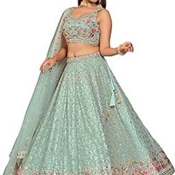 Womens Georgette Lehenga Choli Semi-Stitched Pista Wedding Bridal Free Size-image-9
