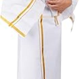 2 Meters Men's Silk cotton Zari Big Border Dhoti/lungi/vesti with Angavastram/gamcha towel/white RJ3-image-5
