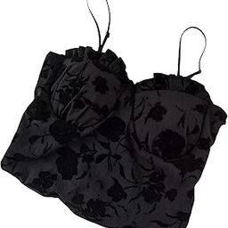 Women's Floral Bustier Crop Top, Black, Spaghetti Straps-image-84