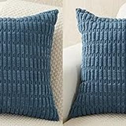 MOMISY Corduroy Cushion Throw Pillow Covers Pink 45 x 45cm, 18x18 inch (Blue, 2)-image-3