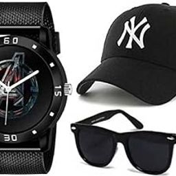 Analog Giffemans Solid Embroidered Tripple Combo Set Of 3 Luxury Fashion Cap + Sunglass + Watch For Men's & Boy's Black-image-14