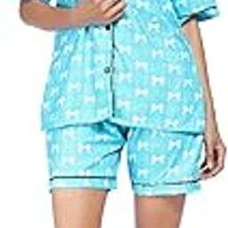 Women's Bow Print Pajama Set, Short Sleeve Button-Down Top with Shorts, Turquoise Blue with Black Piping-picture-10