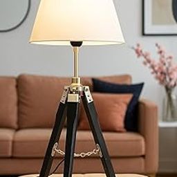 Falcon Traders Modern Tripod Table Lamp, Black Wooden Legs, Brass Accents, White Lampshade-image-23
