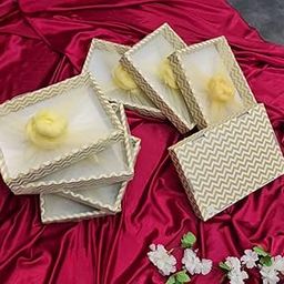 SATYAM KRAFT 8 Pcs Multipurpose Decorative Folding Gift Box | Folding Paper Hamper Boxes for Engagement, Wedding, Return Gifts, Sweets, DIY Craft | Rectangular Cardboard Tray with Net (Golden)-30