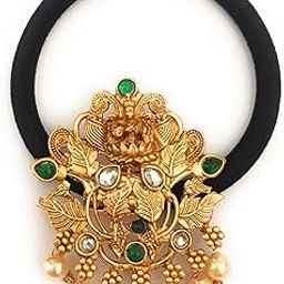 hair bands for women and girls black colour hair rubber bands with antique gold color decoration (pack of 1) traditional hair ties stones ponytail holders center clips for children-image-68