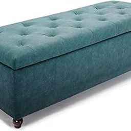 WOODBURY TREE Sheesham Wood 2 Seater Upholstered Ottoman Bench with Storage Settee Sofa Couch Button Tufted Pouffe for Living Room Bedroom Office (Sea Green)-image-26