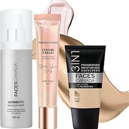 FACES CANADA Always On Glow Combo - All Day Hydra Matte Foundation - Absolute Ivory 012 (18 ml) + Strobe Cream - Rose Gold (18 ml) + Ultime Pro Makeup Fixer (50 ml) | Illuminating & Glowing Makeup Base | Long Lasting Makeup Setting Spray-1