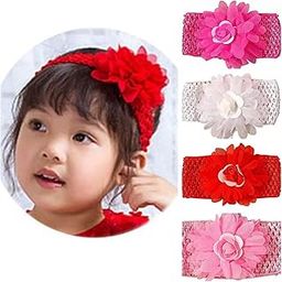 MISS LIRENN® Bow and Rose Floral Design Crochet Headband for Newborn Infant Girls and Toddlers, 4 Colours Pack - Hot Pink, White, Red, Light Pink-image-64