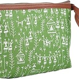 Kuber Industries Toiletry Pouch|Warli Print Travel Cosmetic Pouch|Canvas Waterproof Makeup Pouch with Handle (Green)-56