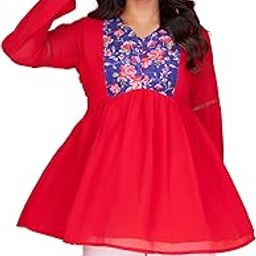 Stylish Red Georgette Tunic Top for Women with Blue Floral Printed Yoke, Full Sleeves, and Flared Hem – Casual Ethnic Occessions-image-3