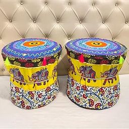 POSHMANDALA Rajasthani Mudda Bamboo Stool Cover Set of Two - Yellow Footstool Ottoman Pouffe Cover 17x18 Inches (Set of 2 Pieces) Elephant Design-picture-16