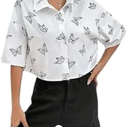 Women's Colorful Letter Print Short Sleeve Button-Up Shirt, Casual Crop Top, Polyester-image-23