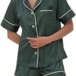 bella babe by sk Short Silky Satin Button up Pyjamas | Nightwear | Contrast Piping Design | Comfortable Sleep Shorts | Travel Outfit | Breathable Loose fit | Thick Satin | All Season Wear (XXXL, Green)-picture-20