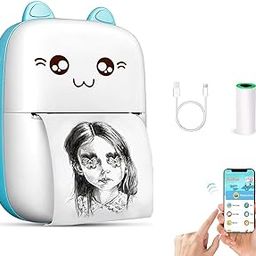 Mini Thermal Portable Thermal Printer,Bluetooth Camera Photo with Smartphone App,Compatible with iOS & Android for Journals,Memos,Receipts,Projects,Birthday Gift,Cute Cat Design, White and Blue-17