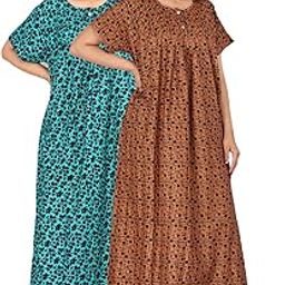 Women Cotton Nighty Combo (Pack of 2 Pcs) Nighty Gown Floor Length Round Neck Short Sleeves Jaipuri Maxi Gown Free Size, Assorted-image-89
