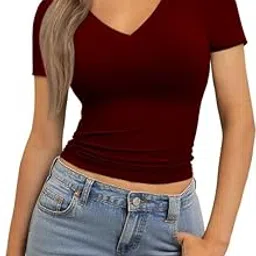 the blazze Womens Short Sleeve V Neck Basic Crop Top Summer Fitted Teen Tee Shirt Blouses for Girls B L2695 NK-picture-15