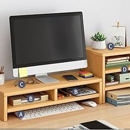 Inllex 2 Tiers Wooden Desktop Monitor Stand Riser Printer Stand with Double Storage Small TV Riser Laptop Keyboard Holder Business Desk Organizer Shelf Black Bookshelf-3