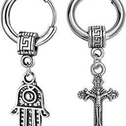 Men Fatima Hamsa Hand Palm Christ Jesus Cross Titanium Steel Piercing Jewellery Silver Stainless Steel Hoop Earrings For Men And Women-image-10