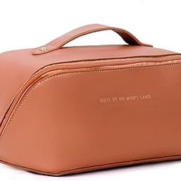 SHAMAX® Travel Cosmetic Makeup Pouches for Women Makeup Organizer Bag Portable Pouch Open Flat Toiletry Bag Make Up Organizer with Divider and Handle Perfect for Cosmetics Brushes Accessories (Brown)-image-29