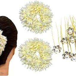 Bridal Hair 10pc Juda Pin/Fancy Golden Bun Pin With Pearl And Artificial Scented 2pc Mogra Gajra Rubber Band Scrunchies For Girls/Womens-13