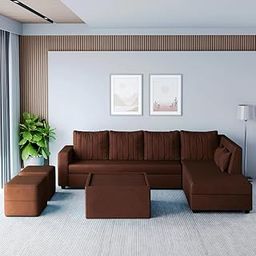 FURNY Stolastor 8 Seater Fabric RHS L Shape Sofa Set with 1 Centre Table & 2 Puffy (Brown Color)-image-33