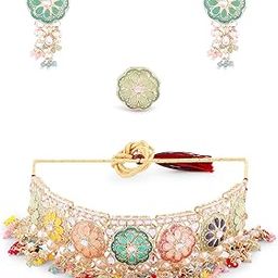 Multicolor Meenakari Kundan Beads Choker Necklace Earring & Ring Set For Women-ZPFK16399-image-9