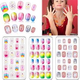 MAYCREATE® 5 Pack Children Acrylic Fake Nails Press on Pre-glue Full Cover Glitter Gradient Color Rainbow Short False Nail Art Kits Set for Kids-picture-37