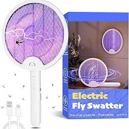 Foldable Electric Fly Swatter Racket, Portable 2 in 1 Bug Zapper Racket, Fly Killer and Mosquito Trap Lamp, USB Rechargeable with 1200mAh Battery for Indoor and Outdoor Home Backyard Patio Camping-16