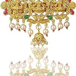 Antique Goddess Lakshmi Gold Plated Traditional Temple Jewellery | Goddess Lakshmi Hair Clip with simulated Red Green Stones and Hanging Pearls for Woman (1 Piece)-image-10