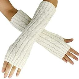Women's Hemp Flower Knitted Fingerless Long Gloves Arm Warmer Thumb Hole Mittens (White)-image-50