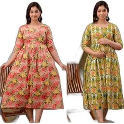 Combo of 2 Women Printed Pure Cotton Maternity Gown/Kurti|Style -967 Maternity Dresses-image-52