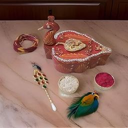 Ash Wood Roli Tika Chopra In Peacock Shape Meenakari Work Kumkum Box, Tika Chopda (1Chopda Box, 1 Tilak Stick) Free Tilak Stick-picture-29