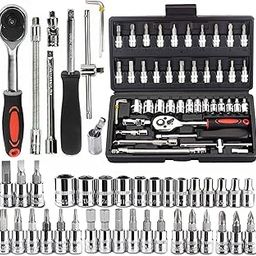 46PCS 1/4 inch Catron Drive Socket Set, Metric Ratchet Wrench Set with 4-14mm CR-V Sockets, Extension Bars,S2 Bits, Mechanic Tool Kits for Household Auto Repair-picture-16