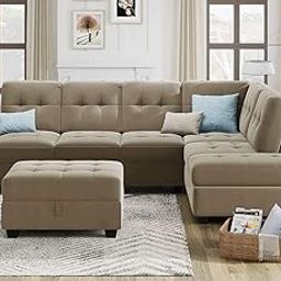 FURNART FURNITURE & INTERIOR L-Shaped 6 Seater Sectional Sofa Left Hand Side Facing Button Tufted Chesterfield Modular with Storage Ottoman for Living Room, Beige-image-34