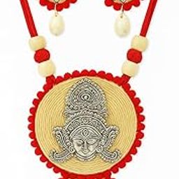 Traditional Indian Durga Pendant Necklace Set, Handcrafted Jute with Metal Design, Red Pom-Pom Border, with Matching Earrings-image-32