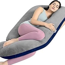 Cherilo Full Body G Shaped Pregnancy Pillow for Pregnant Women and Nursing Mom | Single Pillow for Multipurpose Use During Maternity | Premium Velvet Outer Cover with Zip | Grey+Navy Blue-image-2