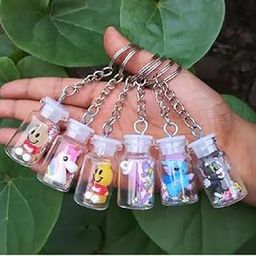Cute Mini Glass Bottle Keychain Set, Decorative Character Design with Glitter, 6 Pieces-picture-41