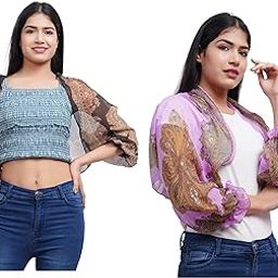 Women's Summer Casual Printed Georgette(Full Sleeves) Shrug_Free Size(Pink and Black,Pack of 02)-23
