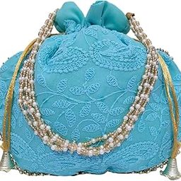 Potli Bag Firozi blue chikankari hanging Wristlet Bag with Drawstring Frozi hand carry wristlets Potli Purses for women-19