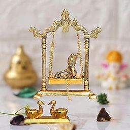 CHHARIYA CRAFTS Metal Krishna Idol On Jhula Swing Jhula Laddu Gopal on Jhulla Palana and Duck Pair Love Bird with KumKum Box for Home and Office Temple Pooja Item Decorative Showpieces-image-20