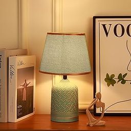 HOME ELEMENTS Ceramic Table Lamp with Fabric Shade, Modern Bedside Night Light for Bedroom Living Room, Study Lamp, Reading Desk lamp, Nightstand Lamp, Home Decor Items 19.5x33cm (Shadow Green)-13